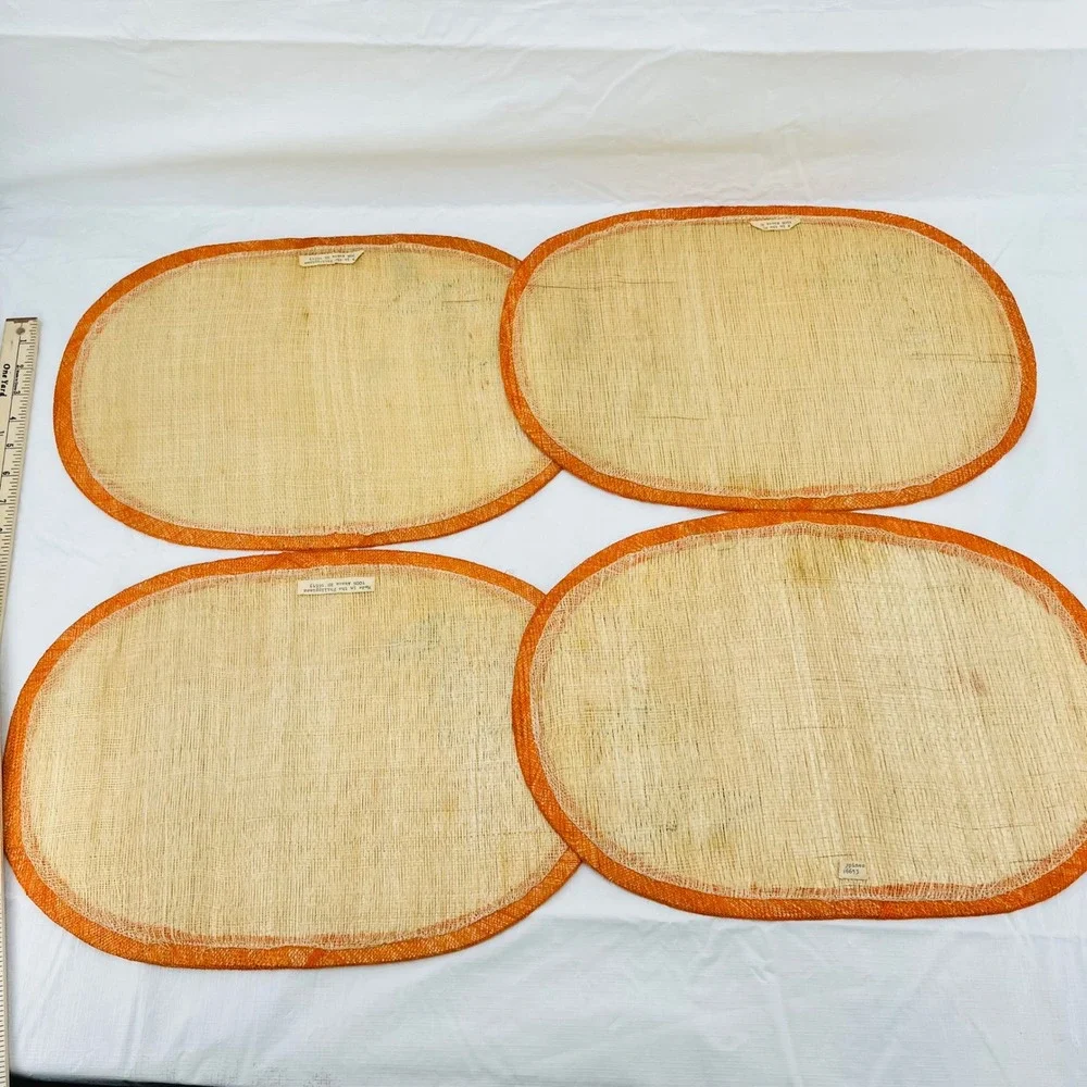 Vintage Abaca Woven Placemats Set‎ of 4 Fruit Embroidery Orange Oval Philippines